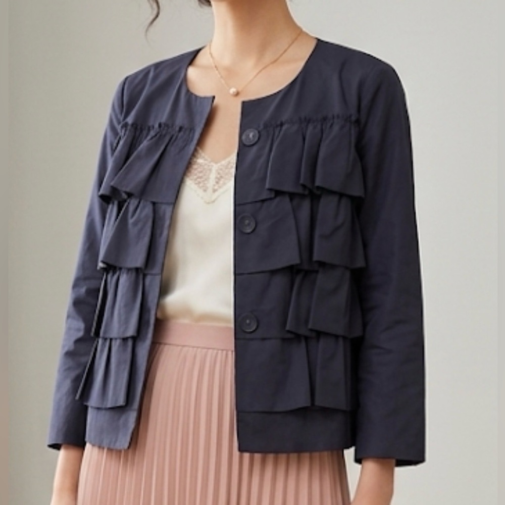 J.Crew Navy Blue 100% Silk Tiered Ruffle Button Front Jacket Womens 4‎